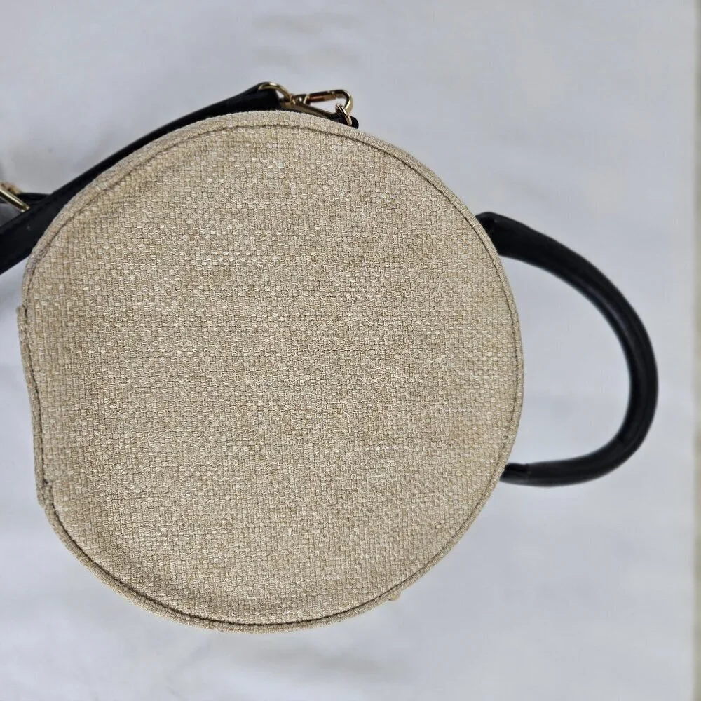 Moda Luxe Round Crossbody Bag w/ Top Handle Cream Cotton Black Faux Leather